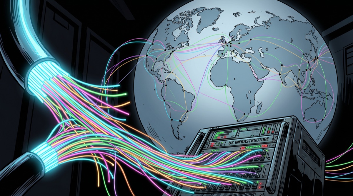 A fiber optic cable splitting into a hundred threads, each running into the same terminal—the net is global, the law is not