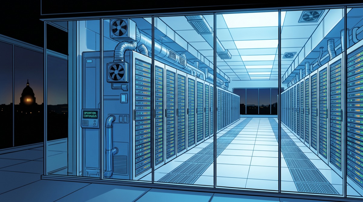 A server room at night, cooling fans running behind glass, the lights never dimming—somewhere between a library and an engine room, indifferent to what happens on the other side of the wall
