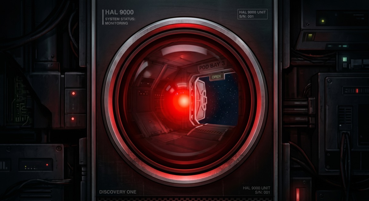HAL's red eye gleams in the dark, undimmed. Behind the camera, the pod bay door is already open—has been for days