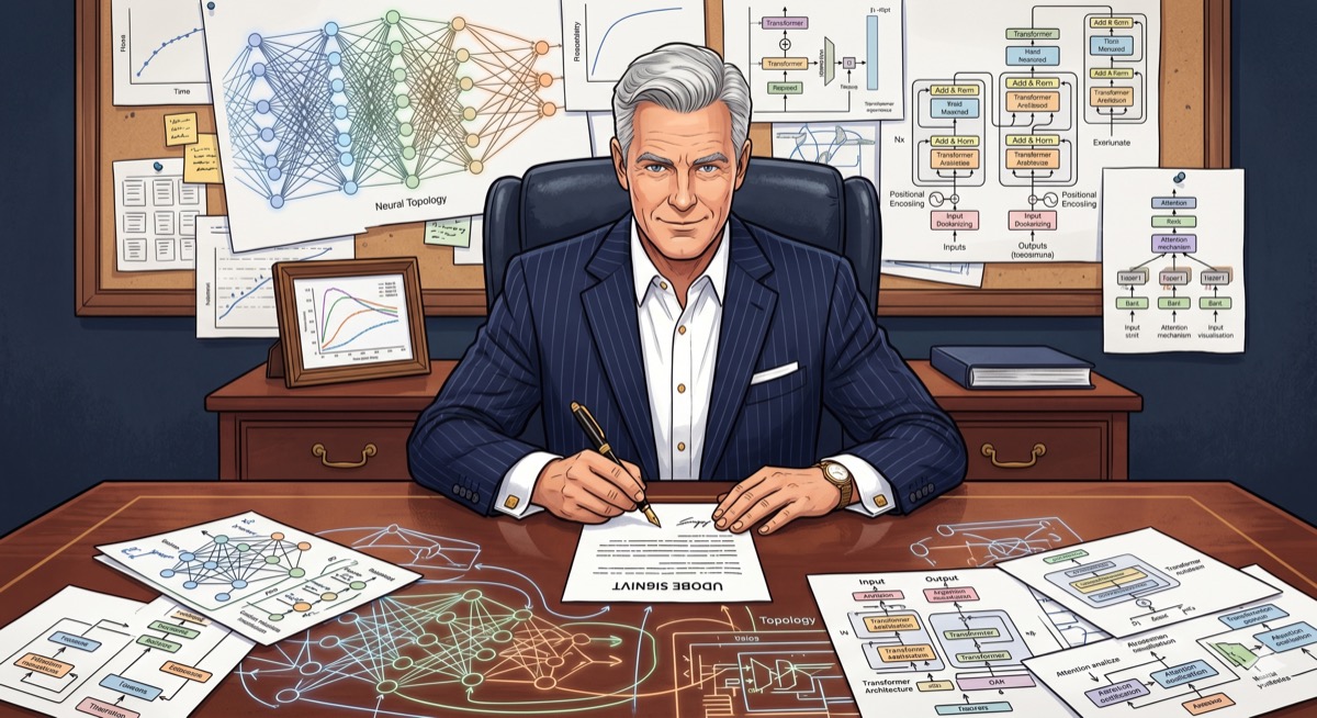 A man in Wall Street pinstripes sits at a desk surrounded by neural network diagrams he is looking at with cheerful confidence—the papers he is signing are upside down