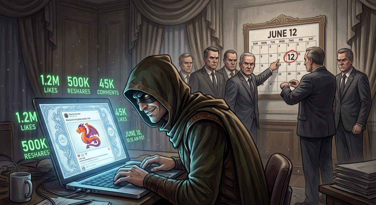 Pliny posts on a phone, the timeline visible with likes climbing. In the background, men in dark suits stare at a calendar marked June 12 and look thoughtful