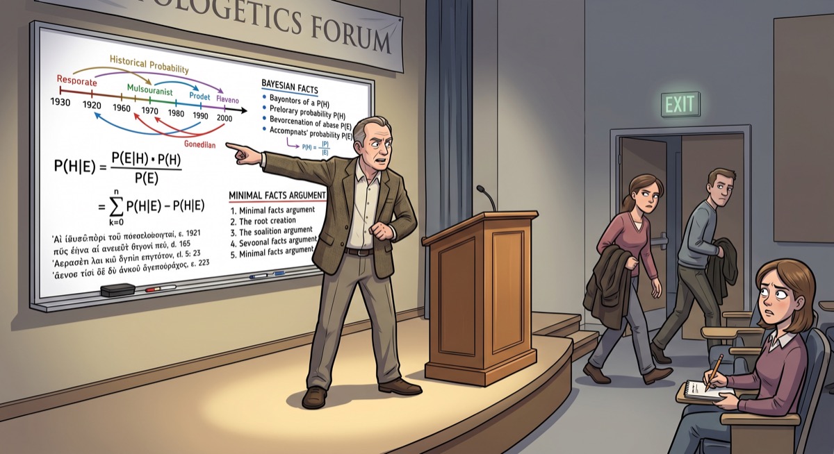 A slick apologetics debate—speaker at podium gesturing at a whiteboard covered in equations and historical charts, an audience of three people where two are already heading for the exit while one remains, pencil poised, expression suggesting the argument proved something but not what was intended