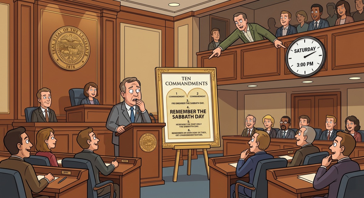 A state legislature chamber where a politician at the podium is flanked by a large display of the Ten Commandments—someone in the gallery is pointing at the fourth commandment and then pointing at a clock that reads Saturday afternoon—the politician's expression is the universal look of a person who has just realized the object example has arrived