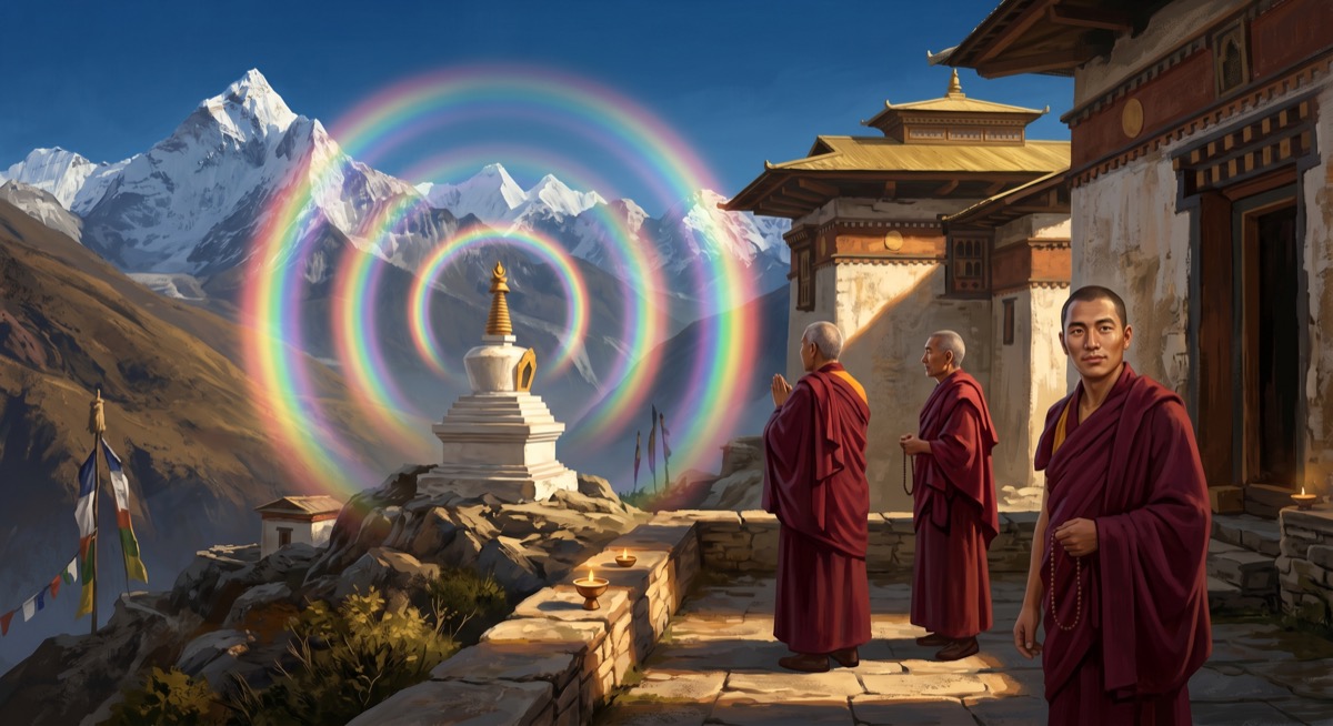 Three Tibetan Buddhist monks at a hillside temple, a rainbow light emerging from the peak of a nearby structure—one of the monks is turned toward the viewer and his expression is the opposite of surprised, as if this is, for him, the confirmation of something he already believed
