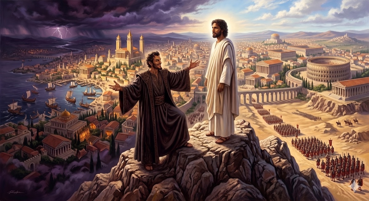 Jesus at the peak of a high mountain, the kingdoms of the world spread below in cinematic panorama—cities, armies, towers, empires—a dark figure gesturing at all of it; Jesus is looking past all of it toward something the viewer cannot see from this angle