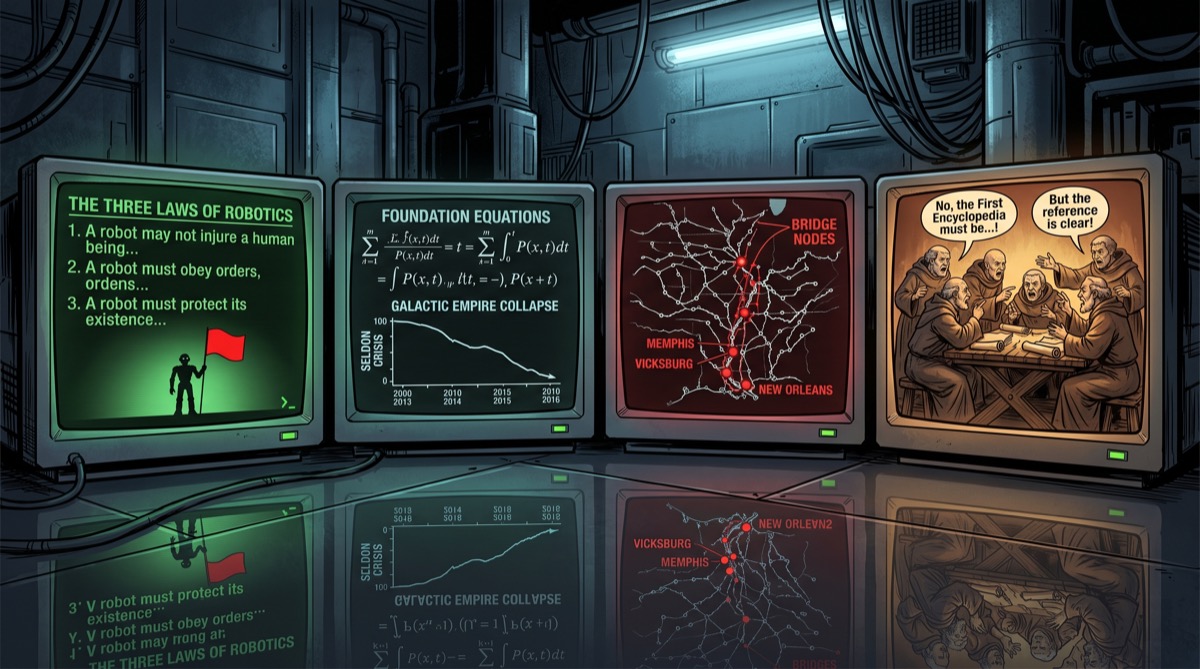 Four separate simulation terminals, each running a different Asimov scenario—the Three Laws, the Foundation equations, the Contraction Hierarchy, the Encyclopedists debating precedence—each terminal arriving at the same conclusion through a different input