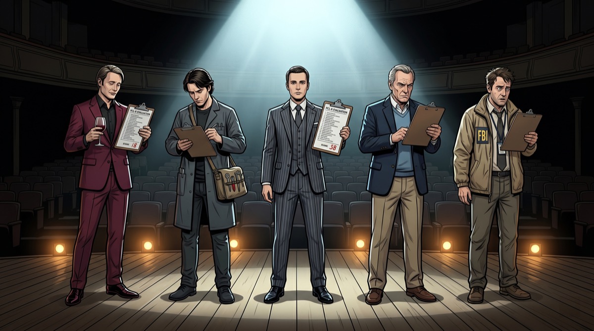 Five figures on a stage, each occupying a different position in the cultural taxonomy of psychopathy—the cannibal on the left, the vigilante second from left, the banker in the center, the patriarch second from right, the interviewer on the right—all of them looking at a clipboard with the same twenty items on it