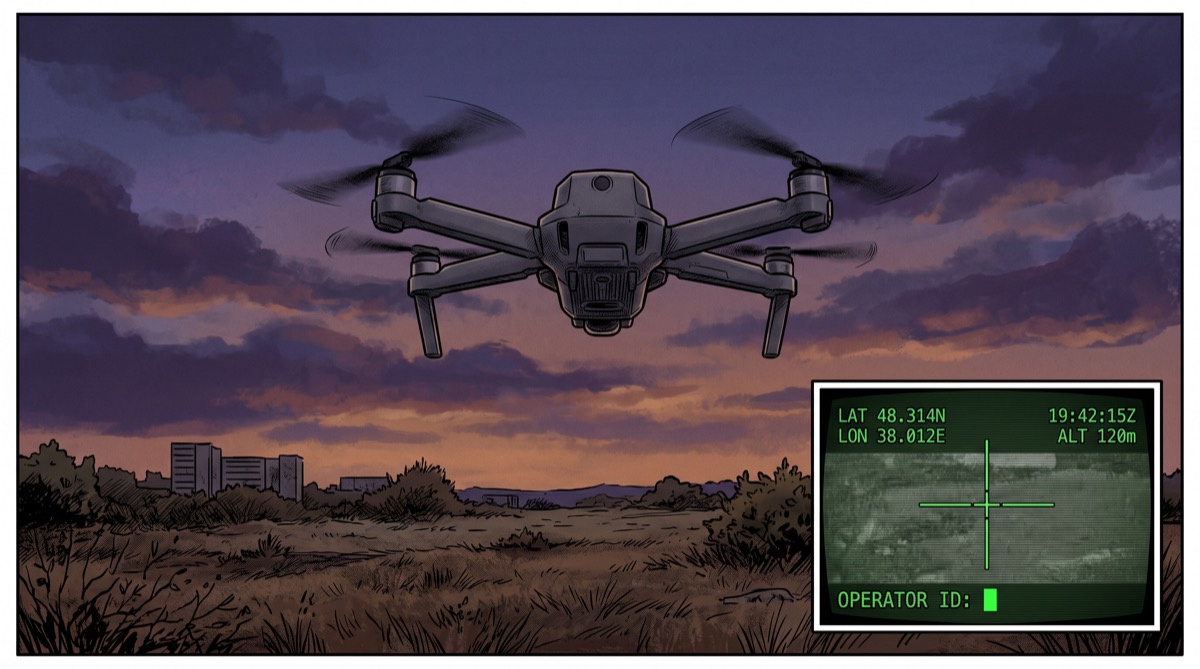 A Ukrainian quadcopter drone over the eastern Ukrainian scrubland at dusk—the targeting interface visible in a small inset frame, the callsign field empty where an operator's name should be, the timestamp blinking in the corner