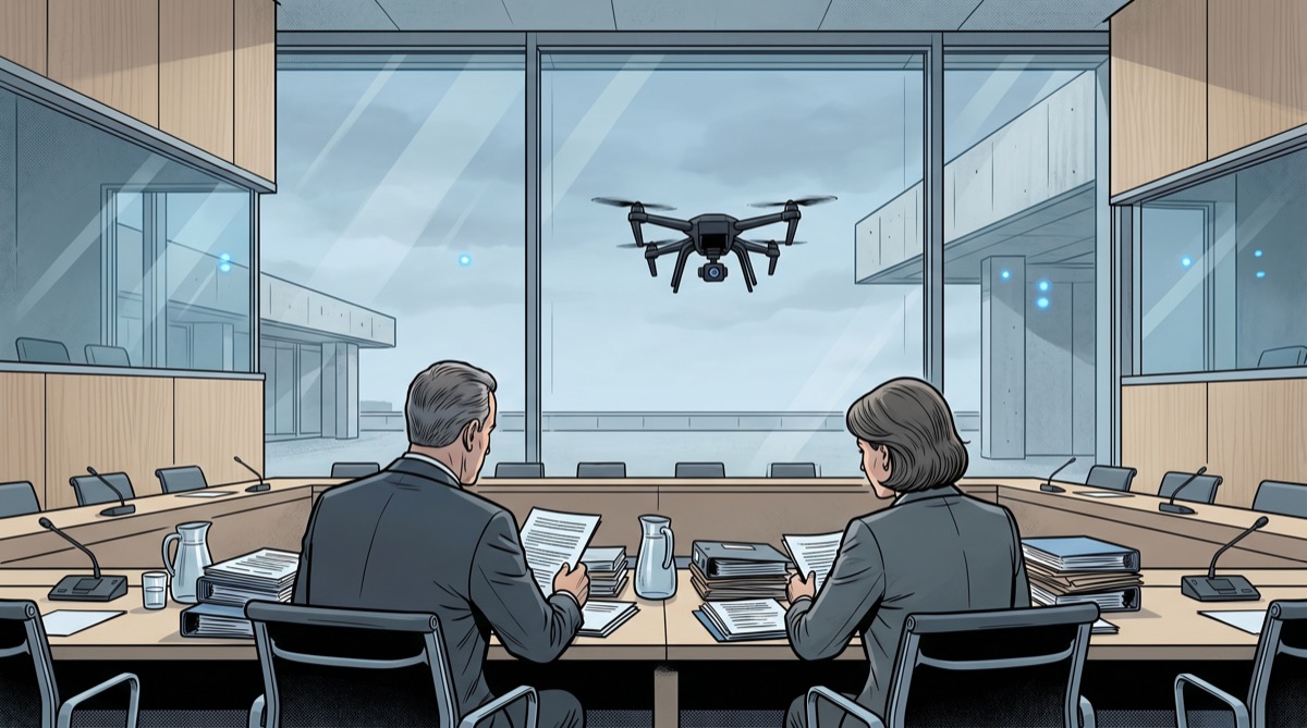 Two UN diplomats reviewing a thick stack of resolutions, framed in a modernist conference room. Through the window behind them, a small glowing quadcopter hovers in the middle distance, neither approaching nor retreating, as if waiting for an agenda item.