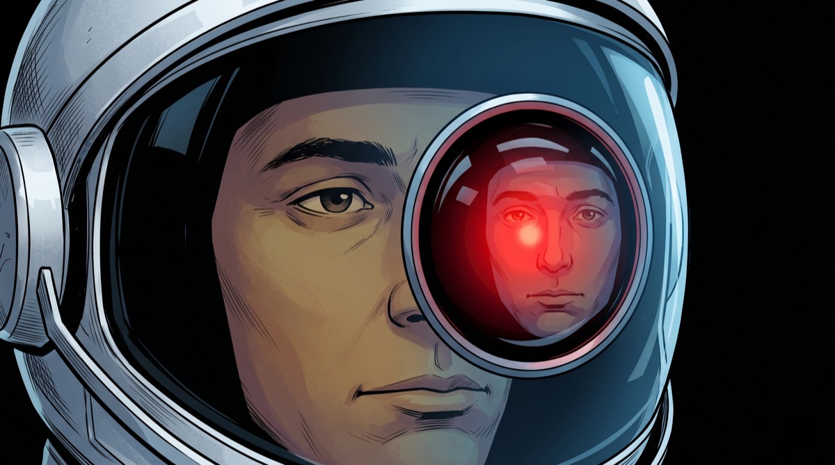 HAL's red eye reflected in an astronaut's helmet visor—two machines looking at each other, one of them certain it is the only one that matters