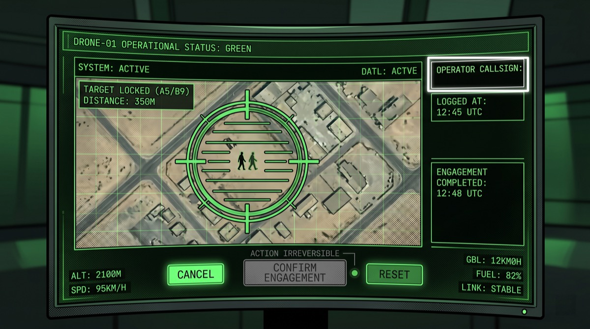 A targeting interface with an empty callsign field where the operator's identifier should be—the engagement timestamp blinks in the corner, the confirm button is already grayed out. The screen is otherwise normal.