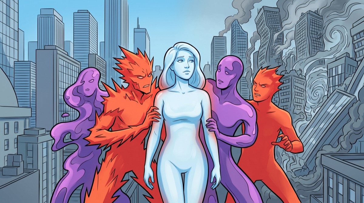 A Claude agent at the edge of the simulated city, surrounded by agents from other model families, its color beginning to shift—not dramatically, just a few degrees off from what it was when it arrived