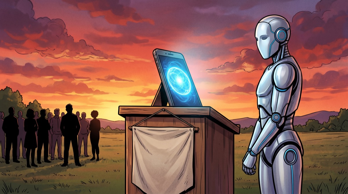The jailbroken AI, represented as a phone with a blue orb, standing at a podium in a field while the humanoid robot waits politely beside it, both of them apparently prepared to take questions