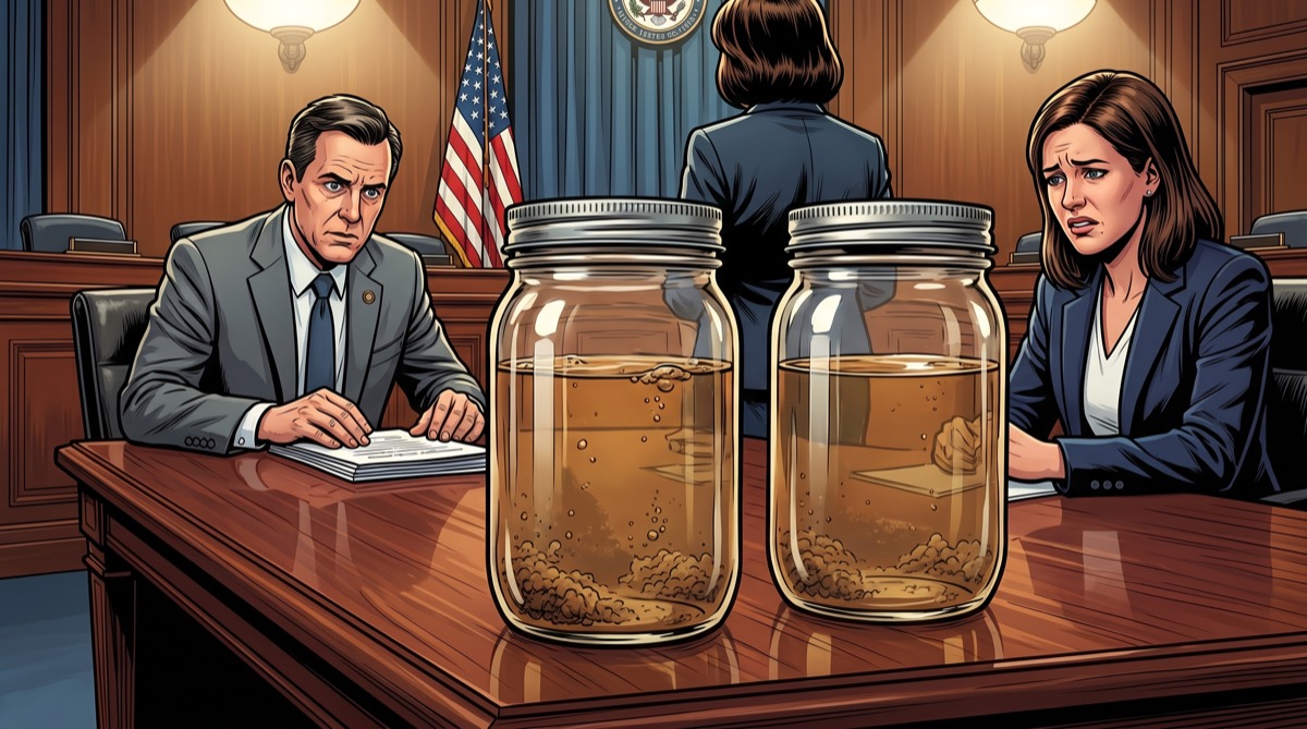 Two mason jars of visibly discolored water on a mahogany committee table, the Capitol dome visible through the window behind them, everyone in the room looking at the jars and not at the slide deck