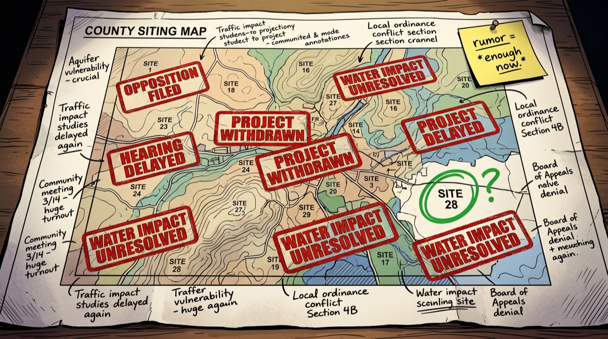 A county siting map covered in rejection stamps, red circles, and margin notes in three different hands; in the corner, a sticky note says "rumor = enough now"