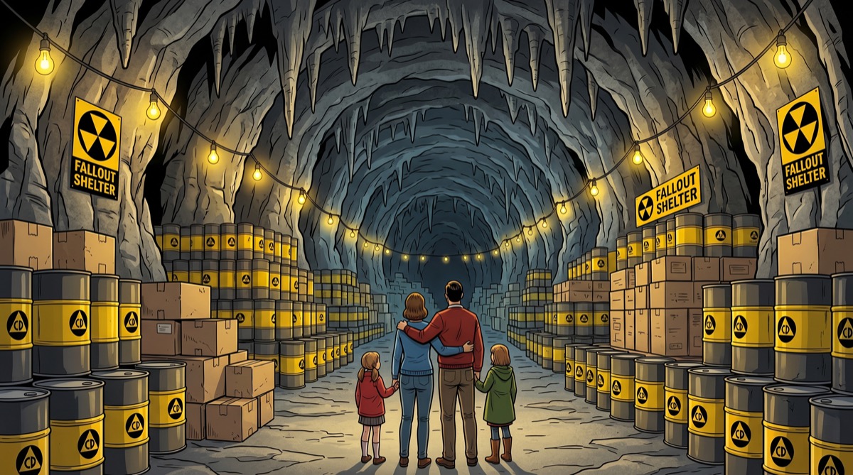 Two thousand people's worth of Cold War crackers and water drums, still in limestone, waiting for the event that never came—the most patient room in Arizona