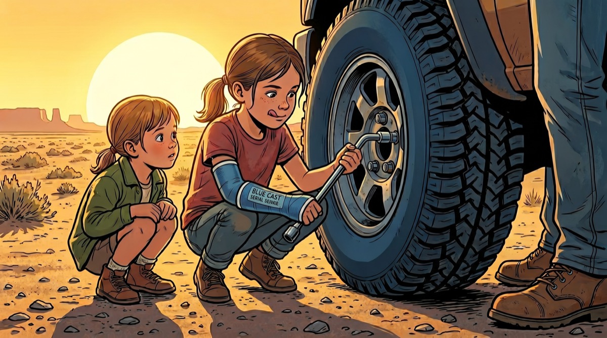 Rick's daughters tightening lug nuts in the afternoon desert sun, receiving something from a father who knows exactly how things get fixed—and how long it can take to ask for help with your own