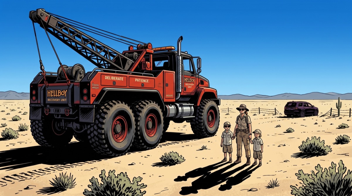 Hellboy positioned at the edge of the desert, the Durango visible in the distance—two entirely different philosophies of getting somewhere, now occupying the same coordinates