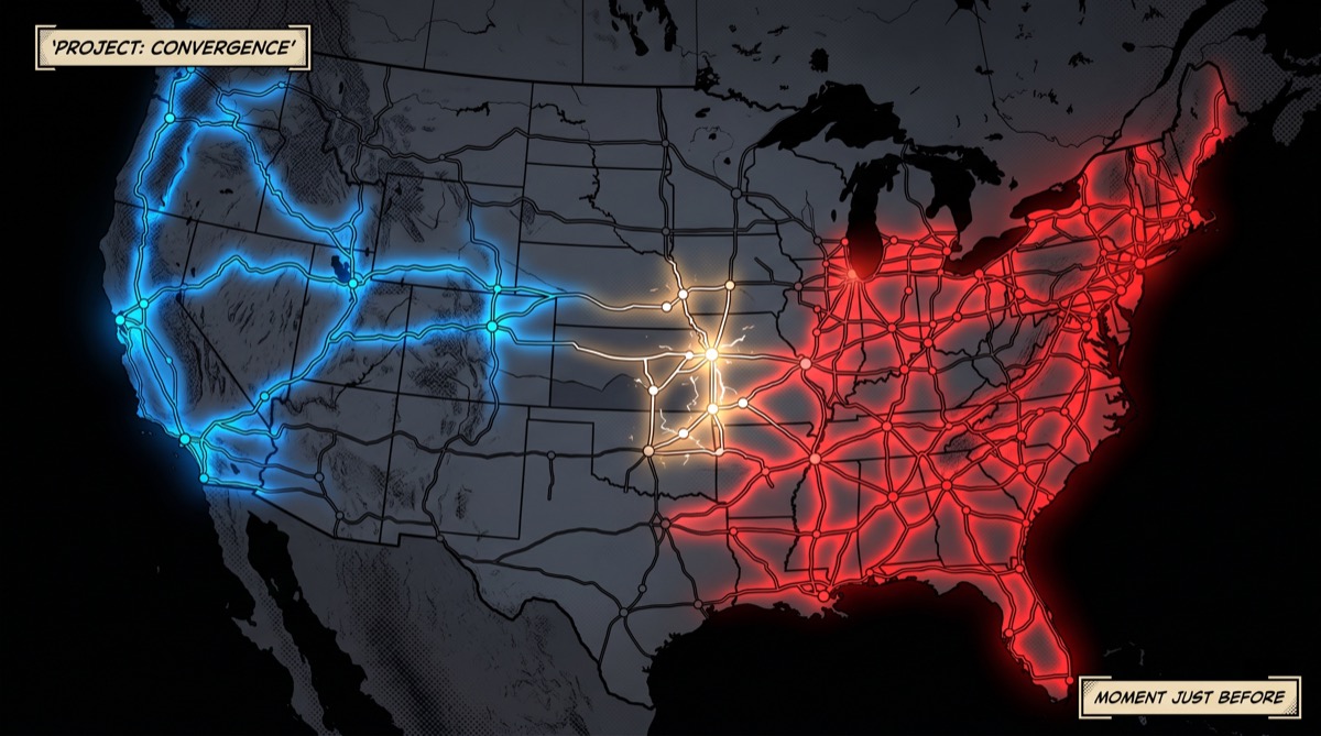 The Mississippi River bridges glowing as nodes in a hierarchy—102 intersections that the routing algorithm identified as the most important in North America, by discovering that nothing else works without them