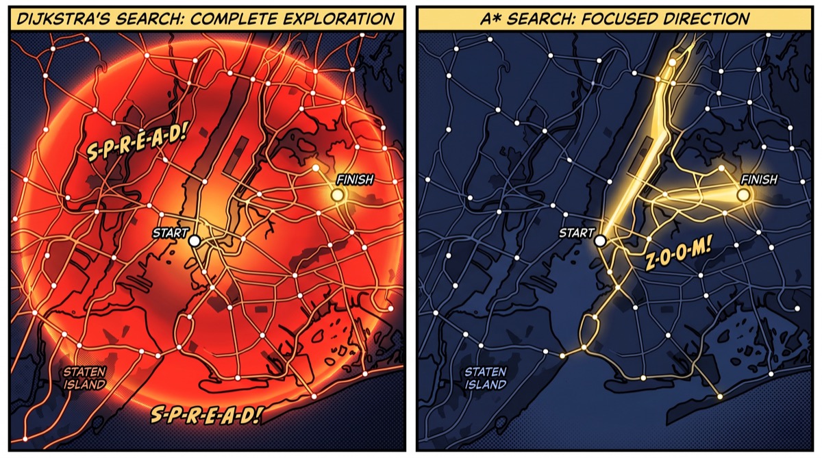 A road network where the Dijkstra frontier expands outward in every direction while the A* beam cuts straight for the destination—the same problem, two very different ideas about searching