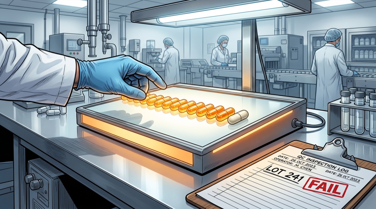 A row of clear ritonavir capsules in a light box—translucent and uniform, until the last one in the row, which has gone white and opaque, the chain of reliability ending in a single cloudy exception