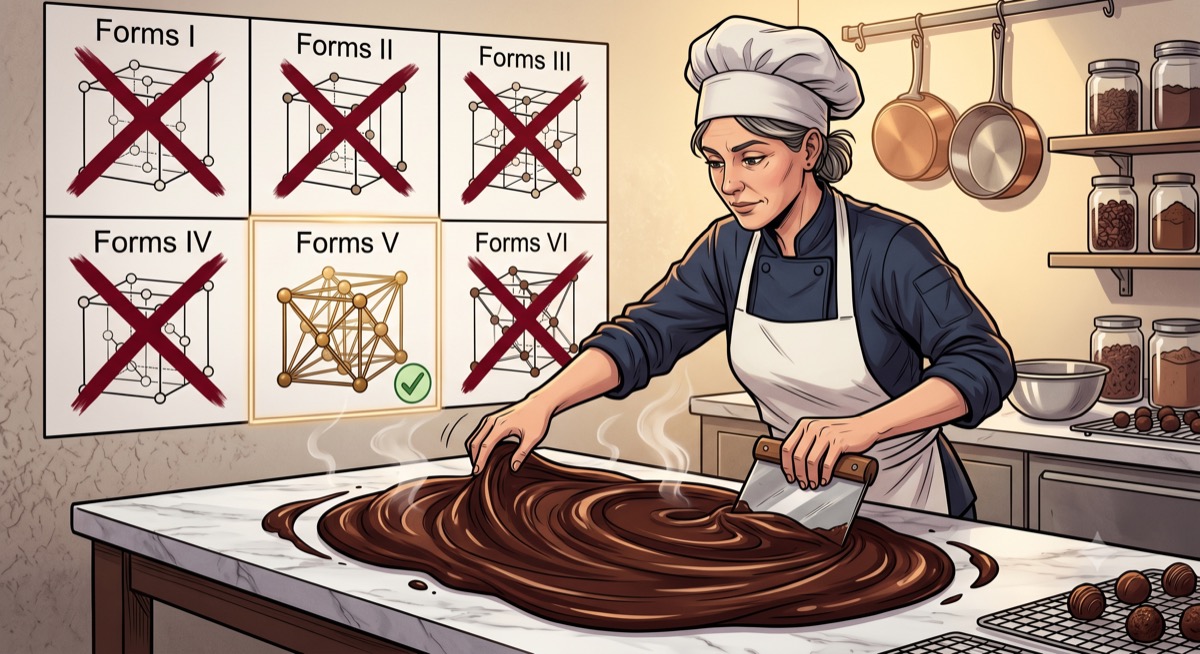 A chocolatier tempering dark chocolate on a marble slab with practiced hands, the background wall covered in six molecular crystal diagrams—five with red marks through them, one circled and labeled only with a small checkmark