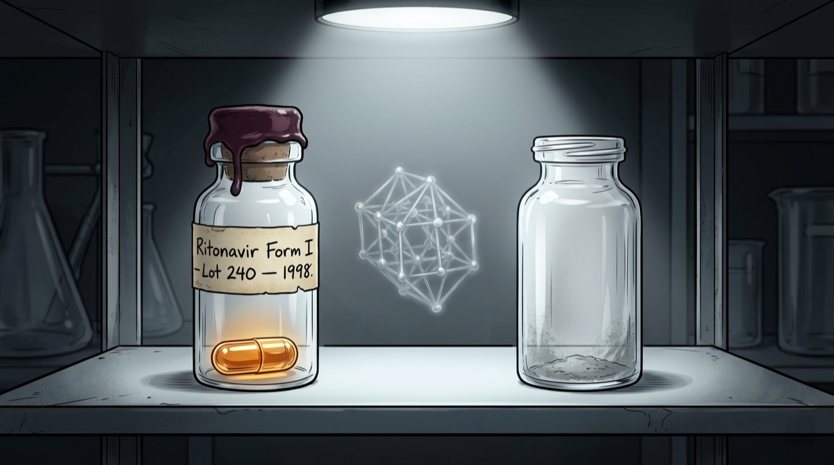 Two sealed vials on a laboratory shelf—the left one labeled "Form I, Lot 240, 1998" with a perfect translucent capsule visible inside; the right one unlabeled, empty, only a faint residue at the bottom suggesting what was once there