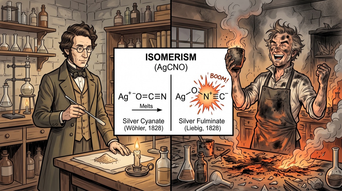 Wöhler looking scholarly and mildly smug in his Berlin lab on the left, Liebig looking vindicated and slightly singed in his Giessen lab on the right—a molecular diagram splitting the frame between them, the carbon-nitrogen bonds drawn with visible contrast between the stable and the explosive
