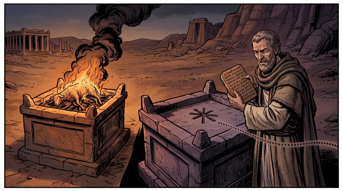 A stone altar in an ancient Near Eastern setting—animal offerings burning on one side, a parallel structure beside it with an enormous carved asterisk that trails off the edge of the stone toward nothing visible, a priest consulting a second tablet with a troubled expression
