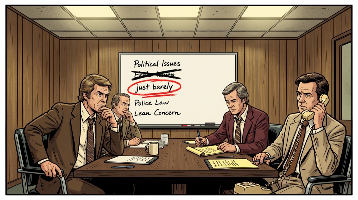 A late 1970s conference room—men in suits around a table, a whiteboard visible behind them with a column of potential issues; one line is crossed out in heavy strokes, another is circled and underlined. The expressions around the table are strategic, not devotional