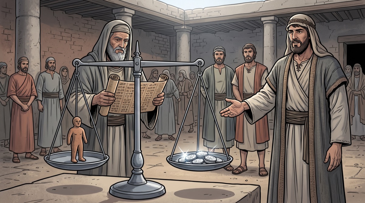 A set of scales in an ancient Near Eastern legal setting—on one side, a small clay form; on the other, a measured pile of silver coins. A figure behind the scales holds a scroll and looks at the husband, who is naming a number