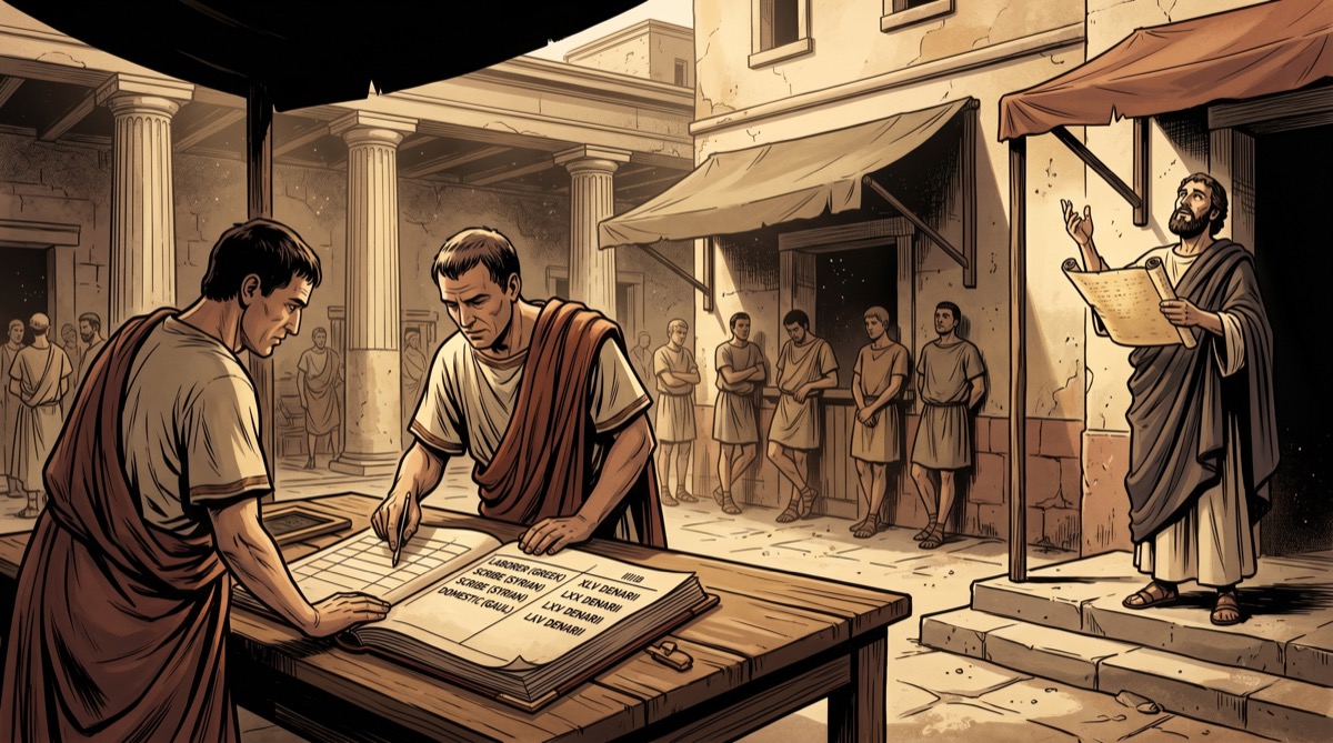A Roman-era slave market rendered in sepia comic tones—buyers examining a ledger of prices, one column listing silver values for different categories of people, a robed figure in the corner reading aloud from a scroll while gesturing upward in the direction of something theological