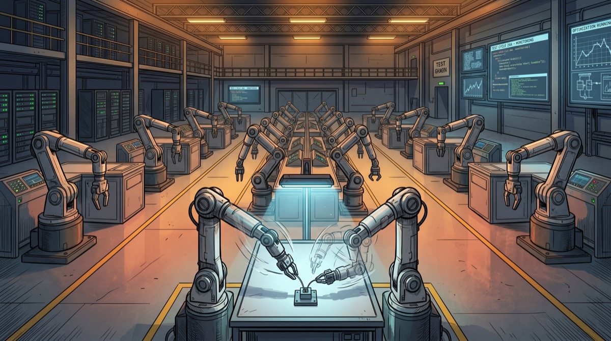 Eight robotic arms arranged in a lab, most of them hanging motionless while a single one practices the same motion over and over—as if the arms themselves understand that the real action is somewhere else entirely