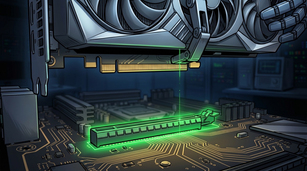 A robotic arm extending toward a motherboard slot, GPU contacts aligned over the opening with millimeter precision—the lab is dark except for the equipment glow, the humans absent from every corner of the frame