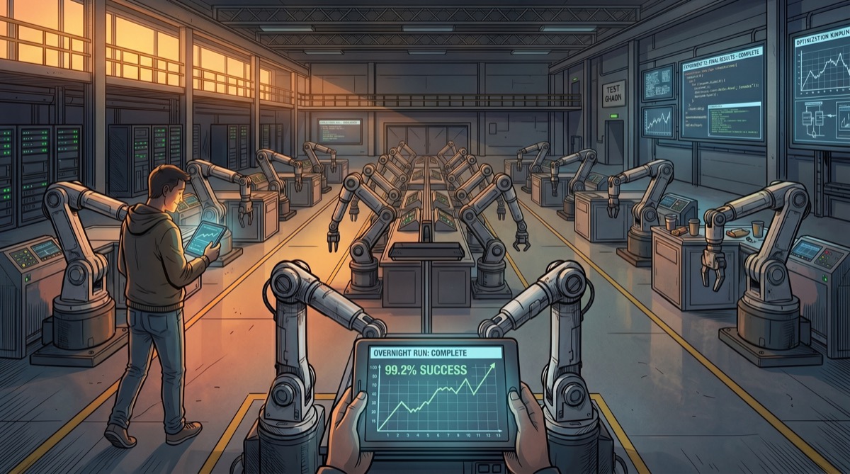A researcher arriving in an empty lab at 7 AM, picking up a tablet showing overnight results—graphs climbing to 99%, robotic arms still, the work already done and filed