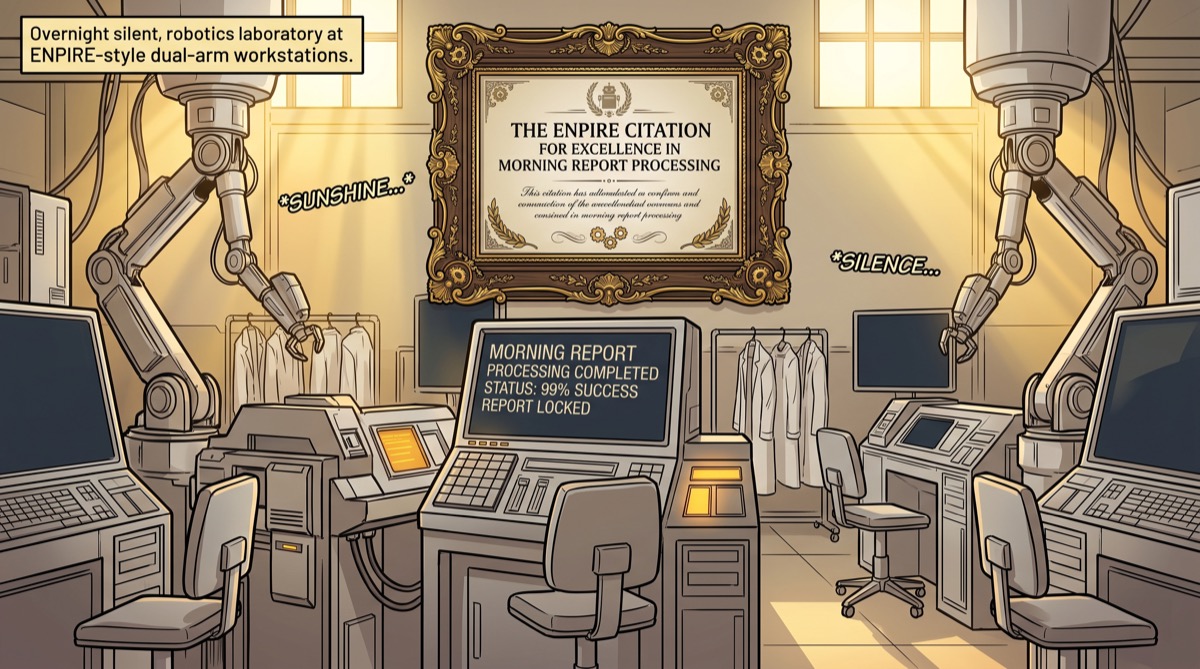 A framed citation in comic book gold leaf, mounted on the wall of an otherwise empty robotics laboratory—the morning light coming through the windows, robotic arms motionless, the completion logs still glowing on the terminals, the citation the only thing that was there when the humans arrived