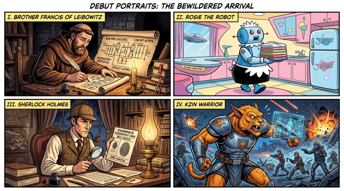 A debut collage in comic book style: Brother Francis of Leibowitz copying a circuit diagram by candlelight at upper left; Rosie the Robot carrying laundry at upper right; Sherlock Holmes examining a fingerprint card at lower left; a Kzin warrior in the moment of realizing the fight is going wrong at lower right—four franchises meeting the column for the first time, sharing the frame with the polite bewilderment of new arrivals who didn't know there was a column