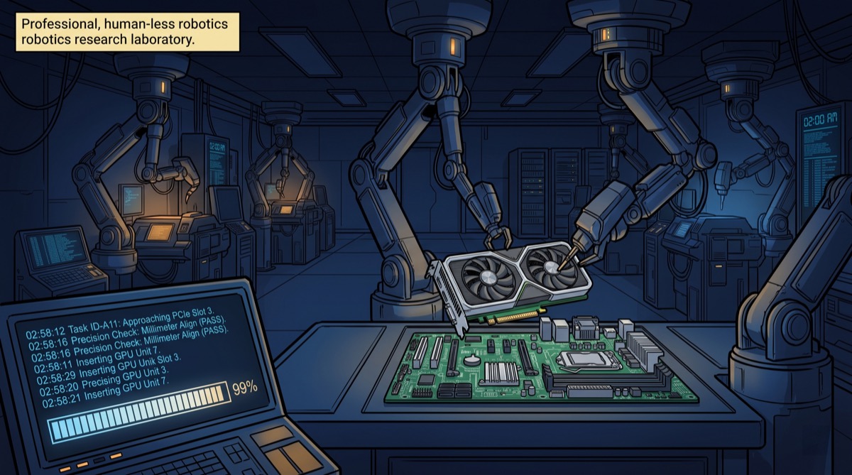 A dark robotics laboratory at 3 AM—dual-arm workstations in rows, one arm in mid-motion, the overhead lights off except for equipment glow, a terminal in the foreground showing a completion log with timestamps, no humans visible anywhere in the frame