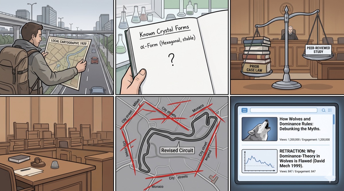 A sequence of comic book panels: a map whose roads don't match the territory; a pharmaceutical notebook open to "Known Polymorphs: 1" with a question mark on the next line; a Daubert hearing where the scale of precedent outweighs the scale of peer review; a Formula E circuit diagram with the city streets crossed out and replaced by a NASCAR inner loop; a content recommendation feed showing high-engagement alpha-wolf theory above low-engagement retractions