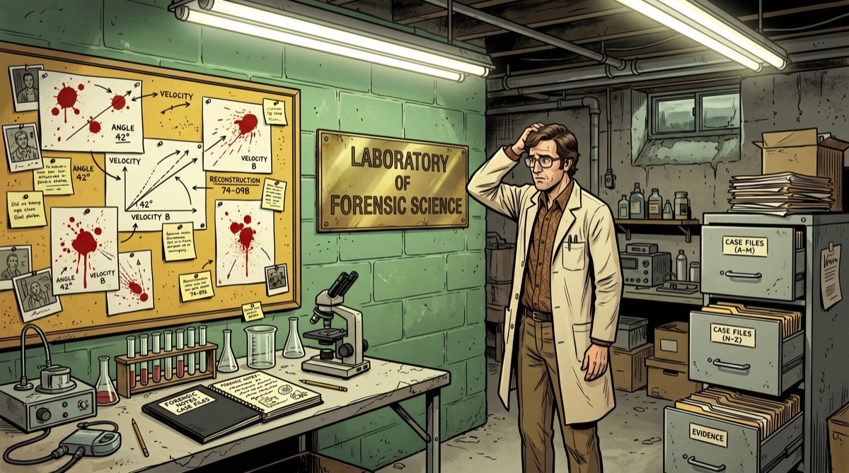 A 1970s basement workspace under a single fluorescent light—blood-spatter diagrams pinned to corkboard, a nameplate reading "Laboratory of Forensic Science" that a visitor seems to be examining with the polite discomfort of someone who has noticed something