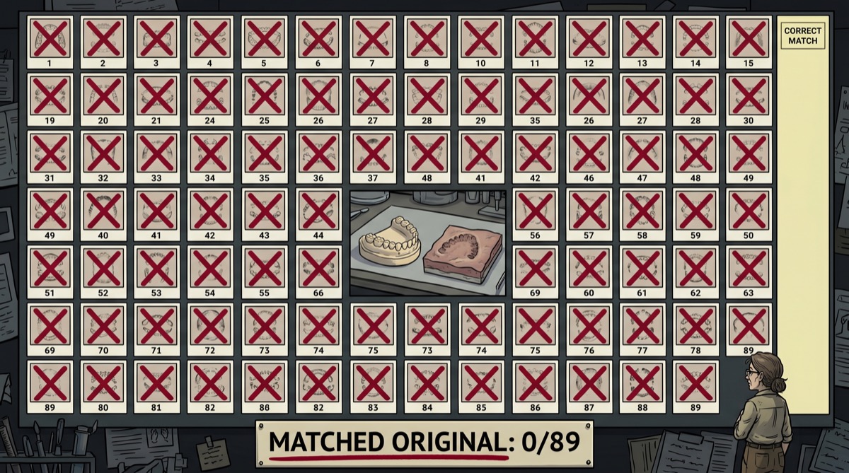 A grid of 89 polaroid-style photographs, red X marks appearing over each one in sequence, with one column left stubbornly blank—the column for "matched the original"