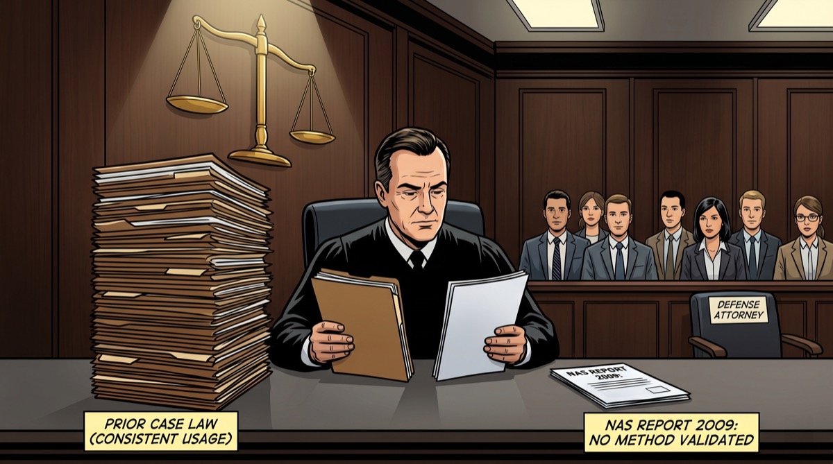 A Daubert hearing rendered as a scales-of-justice image where one side holds a stack of prior case citations and the other holds a single peer-reviewed study—the citations side is winning by a significant margin