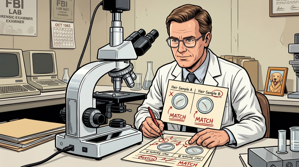 A forensic examiner at a microscope, confident annotation pen in hand, a small framed photograph of a golden retriever visible on the desk behind them