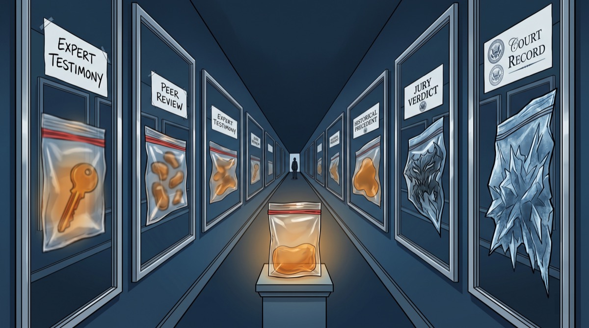 A crime scene corridor rendered as a hall of mirrors—each reflection showing the same piece of evidence labeled differently: "expert testimony," "peer review," "precedent," "jury verdict"—none of them quite the same shape