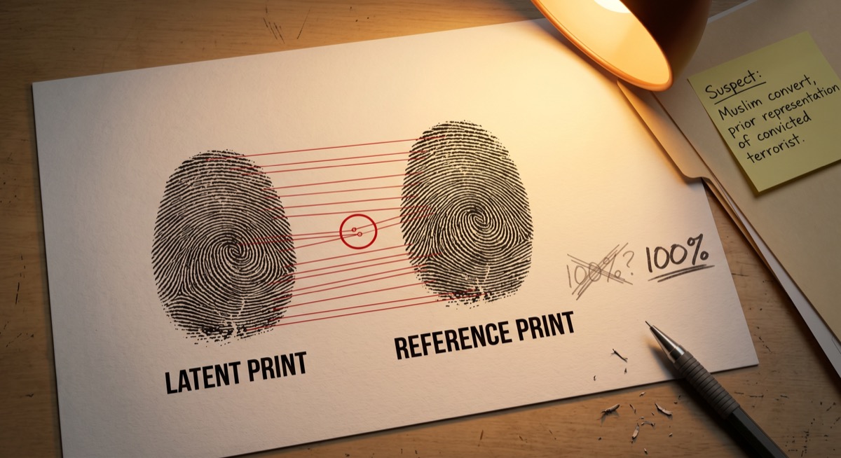 A fingerprint card under dramatic overhead lighting, one ridge minutiae circled in red with a question mark penciled into the margin by someone who seems to be reconsidering something they were certain of