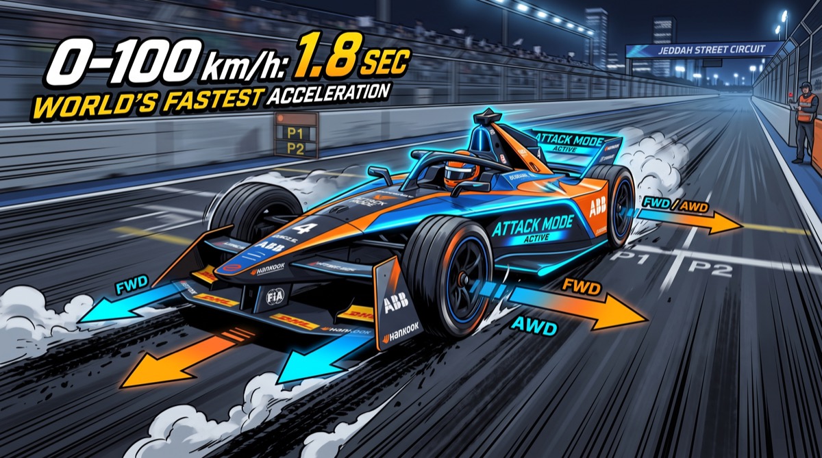 A GEN4 car in attack mode, four wheels laying streaks of tire marks in a standing-start acceleration, the motor outputs visualized as vectors from each wheel—the one metric Formula E unambiguously wins, rendered in maximum drama