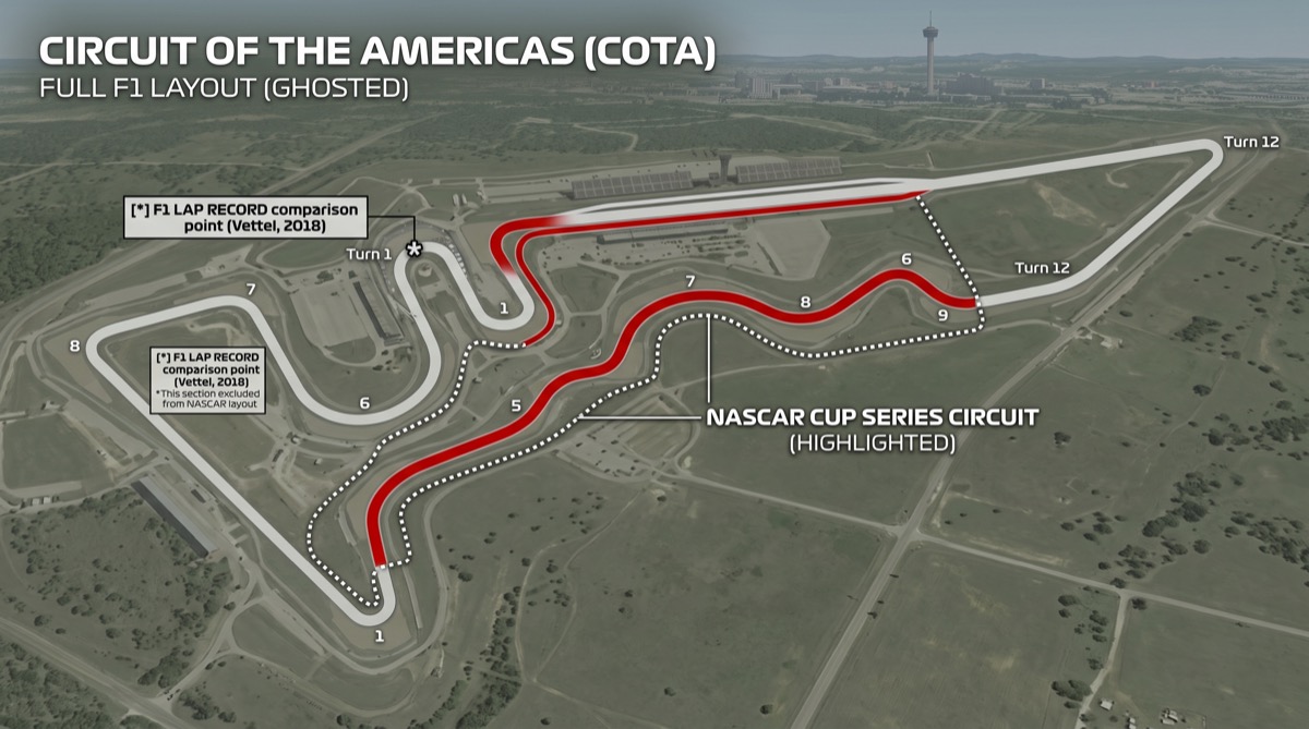 Aerial view of the Circuit of the Americas, the full F1 layout in light outline and the shortened NASCAR inner section highlighted in bold—the section Formula E has chosen to race, the rest of the circuit visible around it