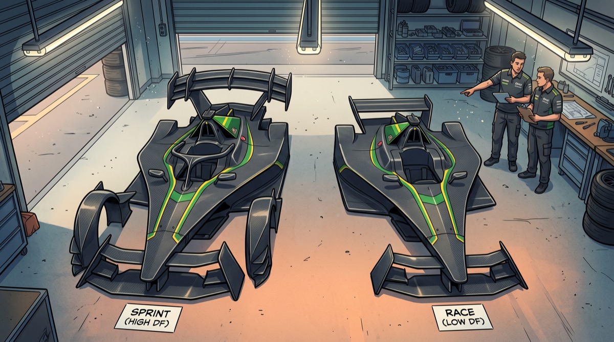 Two GEN4 bodywork configurations laid side by side in a paddock: the high-downforce sprint setup on the left with prominent rear wing elements, the low-downforce race setup on the right, aerodynamic surfaces visibly different