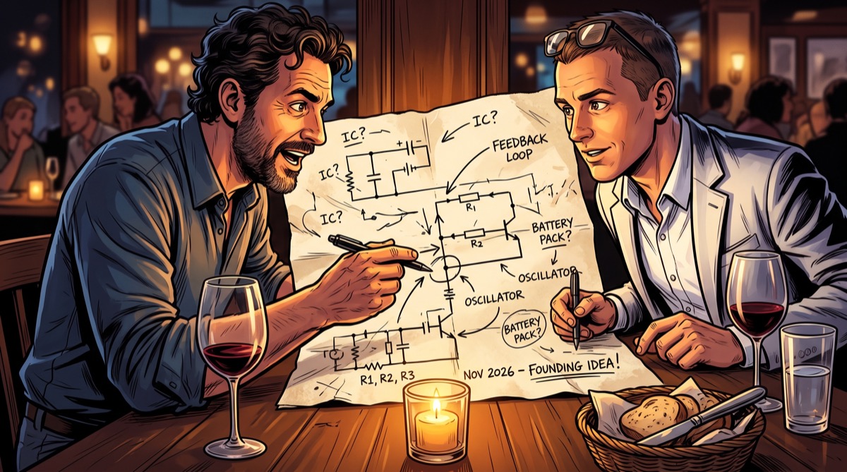 Two men at a candlelit Paris restaurant, a paper napkin spread between them covered in hand-drawn circuit diagrams and hastily scrawled notes—the founding document of Formula E, written with the confidence of people who had not yet considered the weight of a 55kWh battery