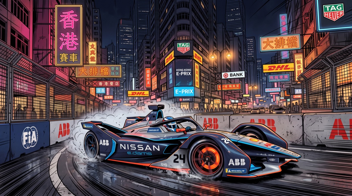 A Formula E car banking through a tight corner in Hong Kong's Central district, skyscrapers rising on both sides, neon signage catching the light at speed—the sport in its natural habitat, a habitat it is about to outgrow